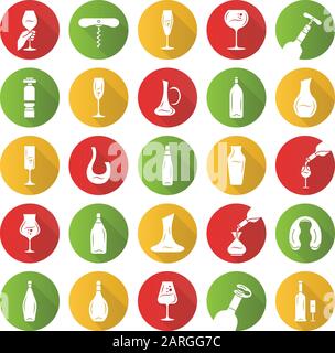 Vin et verres à vin design plat long ombre glyphe icônes jeu. Différents types de verrerie, boissons alcoolisées. Décanteurs, bouteilles, outils pour barman. Pépi Illustration de Vecteur