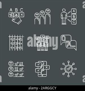 Jeu d'icônes de craie de sondage. Cochez la case. Réponse correcte et incorrecte. Niveau de satisfaction. Commentaires. Sélectionnez l'option. Enquête de masse. Sondage en ligne. Panneau FAQ. Illustration de Vecteur