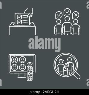 Méthodes de sondage jeu d'icônes de craie. Sondage anonyme, évaluation des chaînes de télévision. Groupe de discussion. Entretien. L'opinion publique. Révision par le client. Commentaires. Collecte de données. Illustration de Vecteur