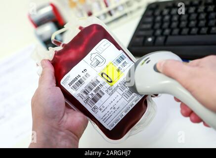 Poches de sang de donneurs de sang à l'hôpital de Sainte-Anna à Brno, République tchèque, 28 janvier 2020. (Ctk Photo/Monika Hlavacova) Banque D'Images