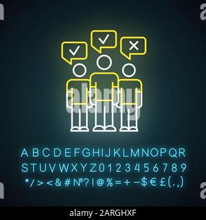 Icône de lumière néon pour étude de masse. Opinion sociale, sondage public. Les gens votent. D'accord et pas d'accord. Feedback positif et négatif. Signe lumineux avec alphabet, Illustration de Vecteur