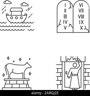 Jeux d'icônes linéaires de récits bibliques. la pâque, les mythes d'inondation, dix commandements. Intrigue d'histoires bibliques. Symboles de contour de ligne mince. Vecteur isolé Illustration de Vecteur