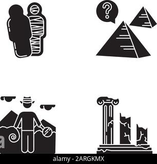 Jeux d'icônes de glyphes archéologiques. Maman dans le sarcophage. Pyramides. La culture égyptienne. Chercheur sur le terrain. Ruines de colonne. Piliers cassés. Histoire, culture. Sil Illustration de Vecteur