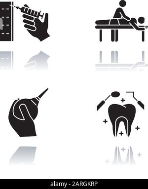 Procédure médicale ensemble d'icônes de glyphe noir à ombre portée. Injection. Massage. Lavement. Soins dentaires. Santé bucco-dentaire. Aide clinique. Masseur, patient. Concréat Illustration de Vecteur