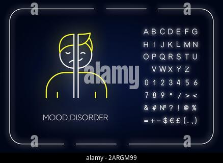 Icône de lumière fluo de trouble de l'humeur. Épisodes maniques et dépressifs. Dysthymie, cyclothymie. Oscillation émotionnelle. Santé mentale. Signe lumineux avec alphabet, engourdi Illustration de Vecteur