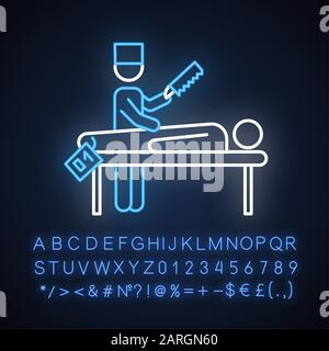 Icône de néon d'autopsie. Désambiguisation. Patient décédé. Cadavre avec étiquette. Procédure médico-légale. Pathologiste. Signe lumineux avec alphabet, numbe Illustration de Vecteur