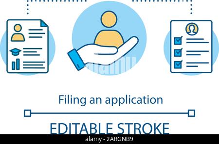 Remplissage d'une icône de concept d'application. Soumission de documents. Service de recrutement. Candidat approprié. Illustration de la ligne fine de l'idée de recherche du personnel. Vecto Illustration de Vecteur