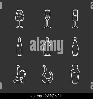 Ensemble d'icônes de craie pour verrerie de cave de vinification. Différents types de vin. Décanteurs, bouteilles, verres. Boissons apéritif, cocktails, boissons alcoolisées au bar, restaurant Illustration de Vecteur