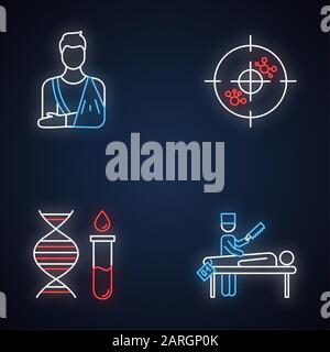 Kit d'icônes de lumière néon pour procédure médicale. Fonte orthopédique. Aide osseuse fracturée. Immunothérapie. Test génétique. Hélice et molécules d'ADN. Diagnostic d'autopsie. Illustration de Vecteur