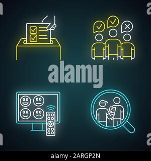 Méthodes de sondage icônes de lumière au néon définies. Sondage anonyme, évaluation des chaînes de télévision. Groupe de discussion. Entretien. L'opinion publique. Révision par le client. Commentaires. Évaluation. Illustration de Vecteur