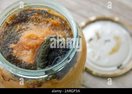 Confiture de pommes maison gâtée dans un pot recouvert de moisissure sombre. Violation de la technologie de cuisson. Stockage incorrect des aliments en conserve à la maison. Banque D'Images