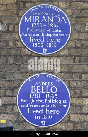 Plaques bleues du patrimoine anglais pour Francisco de miranda et Andres Bello Banque D'Images