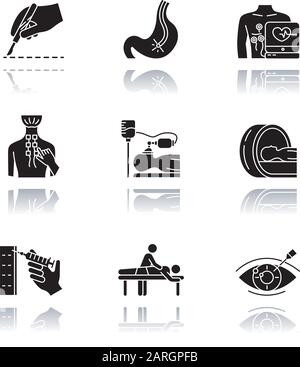 Procédure médicale ensemble d'icônes de glyphe noir à ombre portée. Chirurgie. Endoscopie. Électrocardiogramme. Physiothérapie. Anesthésie. Tomographie, acquisition cérébrale. Massage Illustration de Vecteur