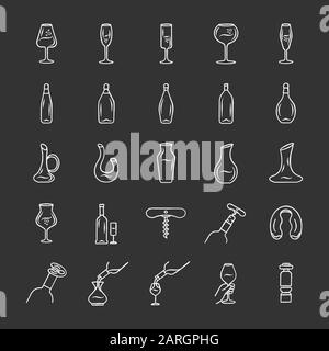 Jeu d'icônes de craie de vin et de lunettes. Différents types de verrerie et de boissons alcoolisées. Décanteurs, bouteilles, outils pour barman. Boissons apéritif, cocktails Illustration de Vecteur