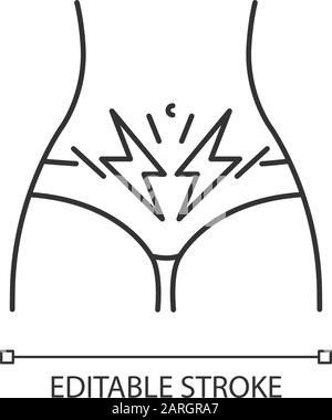 Icône linéaire de crampe. Douleurs abdominales menstruelles. Syndrome prémenstruel. Symptôme de période. Diarrhée, constipation. Illustration de la ligne fine. Symbole de contour. V Illustration de Vecteur