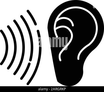 Icône de glyphe du signal sonore. Signal sonore. Ecouter l'oreille. Perception du bruit fort. Appel vocal, sensibilité sonore. Capacité auditive. Symbole silhouette Illustration de Vecteur