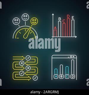 Jeu d'icônes de lumière néon de sondage. Niveau de satisfaction. Échelle d'évaluation. Compteur d'évaluation. Analyse des statistiques. Processus de questionnement. Collecte de données en ligne. Illustration de Vecteur