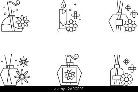 Des icônes linéaires d'aromathérapie sont définies. Bâtonnets parfumés à la fleur. Bougies aromatiques. Cosmologie, thérapie spa. Symboles de contour de ligne mince. Contour vectoriel isolé i Illustration de Vecteur