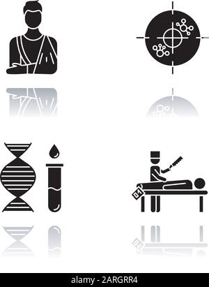 Procédure médicale ensemble d'icônes de glyphe noir à ombre portée. Fonte orthopédique. Os fracturé. Immunothérapie. Test génétique. ADN, molécules. Diagnostic d'autopsie. Illustration de Vecteur