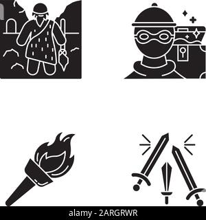 Jeux d'icônes de glyphes archéologiques. Homme préhistorique. Caveman. Marauding. Chasse au Trésor. Flambeau. Torche flamboyante. Gyrophare. Combat d'épée. Les armes entrent en conflit. Illustration de Vecteur