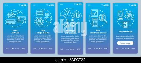 Modèle vectoriel d'écran de page d'application mobile d'intégration d'instructions ATM. Procédure de présentation du site Web avec des illustrations linéaires. Type de transaction. UX, INTERFACE UTILISATEUR, G Illustration de Vecteur