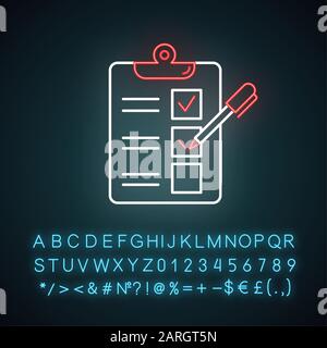 Questionnaire d'enquête formulaire néon icône. Liste De Contrôle. Évaluation du service client. Commentaires. Évaluation. Recherche sociale. Signe lumineux avec alphabet, engourdi Illustration de Vecteur