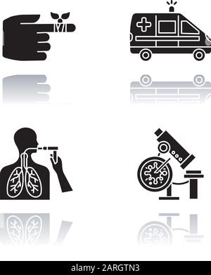 Procédure médicale ensemble d'icônes de glyphe noir à ombre portée. Bandage du doigt blessé. Soins d'urgence. Transport ambulancier. Bronchoscopie. Examen pulmonaire. Illustration de Vecteur