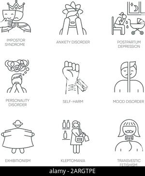 Ensemble d'icônes linéaires de troubles mentaux. Impostor. Anxiété, dépression. Auto-préjudice. Exhibitionnisme. Kleptomania. Fétichisme. Symboles de contour de ligne mince. Isolé Illustration de Vecteur