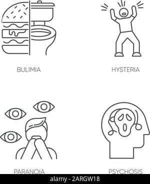 Ensemble d'icônes linéaires de troubles mentaux. Boulimie. Troubles de l'alimentation. Hystérie. Attaque de panique. Anxiété. Paranoïa. Psychose. Symboles de contour de ligne mince. Isolé Illustration de Vecteur