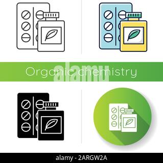 Icône de médecine à base de plantes. Chimie organique. Produits pharmaceutiques. Chimie médicinale. Composés organiques contre les maladies. Conception plate, linéaire, noire Illustration de Vecteur