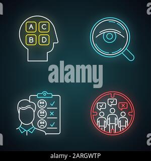 Méthodes de sondage icônes de lumière au néon définies. Analyse. Entretien. L'opinion émotionnelle. Population cible. L'opinion publique. Test de personnalité. Révision par le client. Frais Illustration de Vecteur