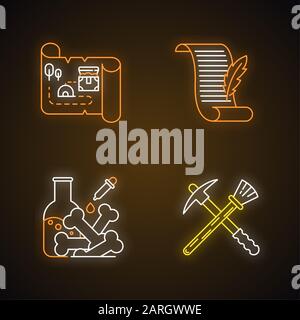 Jeux d'icônes de lumière archéologique au néon. Carte du Trésor. Manuscrit ancien. Recherche en laboratoire. Matériel de restauration. Découvertes historiques. Poésie, lettre. Illustration de Vecteur
