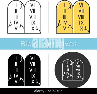 Dix Commandements icône de l'histoire de la Bible. Lois bibliques écrites sur des comprimés de pierre. Légende religieuse. Récit du livre Saint, scène sacrée. Glyphe, craie, linéaire A Illustration de Vecteur