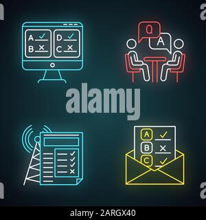Méthodes de sondage icônes de lumière au néon définies. En ligne, e-mail, sondage de connexion Internet. Entretien. L'opinion publique. Révision par le client. Commentaires. Collecte de données. G Illustration de Vecteur