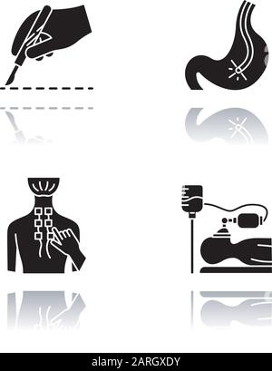 Procédure médicale ensemble d'icônes de glyphe noir à ombre portée. Chirurgie. Endoscopie et gastroscopie. Contrôle du tube digestif. Physiothérapie. Soulagement de la douleur au dos. Anest Illustration de Vecteur