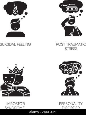 Ensemble d'icônes de glyphe de trouble mental. Sentiment suicidaire. Stress post-traumatique. Syndrome d'Impostor. Trouble de la personnalité. Détresse et inquiétude. Psychologie. Sil Illustration de Vecteur