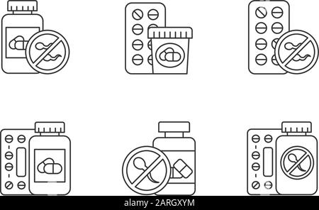 Jeu d'icônes linéaires de contrôle des naissances. Prévention de grossesse non désirée. Prescription du syndrome prémenstruel. Symboles de contour de ligne mince. Contour vectoriel isolé Illustration de Vecteur