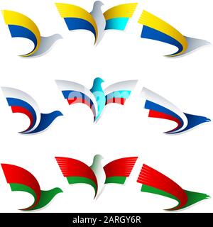 Ensemble d'emblèmes des oiseaux stylisés; aile d'un aigle; aile d'un pigeon; drapeau d'Ukraine, Russie, Biélorussie, Belorussia; Eps8 Illustration de Vecteur