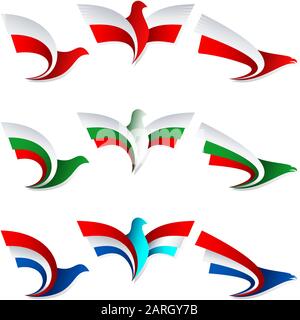 Ensemble d'emblèmes des oiseaux stylisés; aile d'un aigle; aile d'un pigeon; drapeau de Pologne, Bulgarie, Pays-Bas, Hollande; Eps8 Illustration de Vecteur