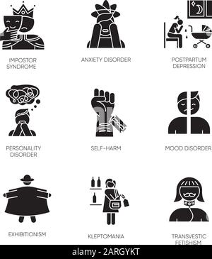 Ensemble d'icônes de glyphe de trouble mental. Syndrome d'Impostor. Dépression post-partum. Trouble de la personnalité. Auto-préjudice. Exhibitionnisme. Kleptomania. Fétichisme. Sil Illustration de Vecteur