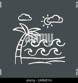 Vagues sur l'icône de craie de plage de sable. Bord de mer avec palmier. Voyage aux îles indonésiennes. Côte ensoleillée de la mer à Bali. Météo pour le surf. Idée de voyage d'été Illustration de Vecteur
