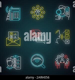 Méthodes de sondage icônes de lumière au néon définies. Analyse chimique. E-mail, interrogation de connexion Internet. L'opinion publique. Satisfaction des clients. Commentaires. Évaluation. Illustration de Vecteur