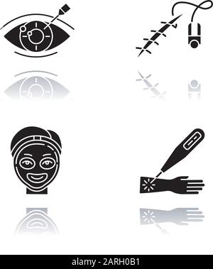 Procédure médicale ensemble d'icônes de glyphe noir à ombre portée. Correction de la vision. Trouble de la vue. Couture d'une plaie ouverte. Cosmologie. Traitement au laser. visage tr Illustration de Vecteur