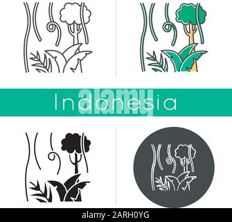 Arbres et plantes de la forêt tropicale. Vignes de forêt Evergreen. Lianas et fougères. Voyage dans la jungle indonésienne. La flore tropicale. Linéaire, noir, craie et c Illustration de Vecteur