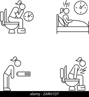 Ensemble d'icônes linéaires du syndrome prémenstruel. Symptômes menstruels. Privation de sommeil. Diarrhée, maladie. Symboles de contour de ligne mince. Vecteur isolé supérieur Illustration de Vecteur