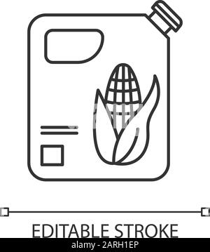 Bouteille en plastique d'icône linéaire d'huile de maïs. Chimie organique. Huile végétale. Éthanol de maïs. Remplacement de l'essence. Illustration de la ligne fine. Symbole de contour. V Illustration de Vecteur