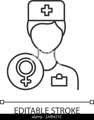 Icône linéaire consultation gynécologue. Examen de santé des femmes. Rendez-vous dans une clinique. Aide prénatale aux soins de santé. Illustration de la ligne fine. Symbole de contour. Illustration de Vecteur