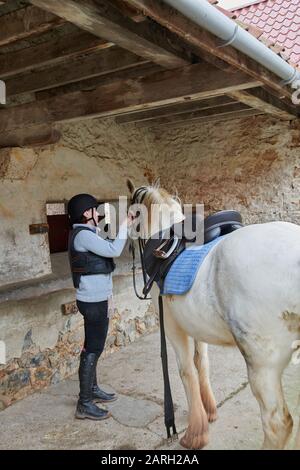 Une jeune femme qui tape son cheval dans une cour stable prête pour l'équitation. Ecosse, Royaume-Uni, GB. Banque D'Images