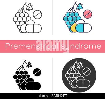 Icône d'apport de vitamine. Raisin, nourriture biologique. Supplément diététique nutritif. Pilules, médicaments. Complexe multivitamine. Médicament pharmaceutique. Conception plate, linea Illustration de Vecteur