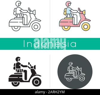 Icône moto. Chauffeur de scooter à Bali. Traversée de l'Indonésie en moto. Trajet en scooter. Transport en Indonésie. Linéaire, noir, craie et couleur St Illustration de Vecteur